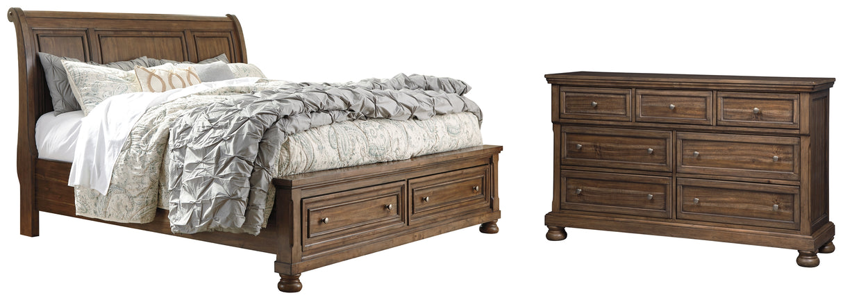 Flynnter California King Sleigh Bed with 2 Storage Drawers with Dresser in Medium Brown from Ashley - Luna Furniture