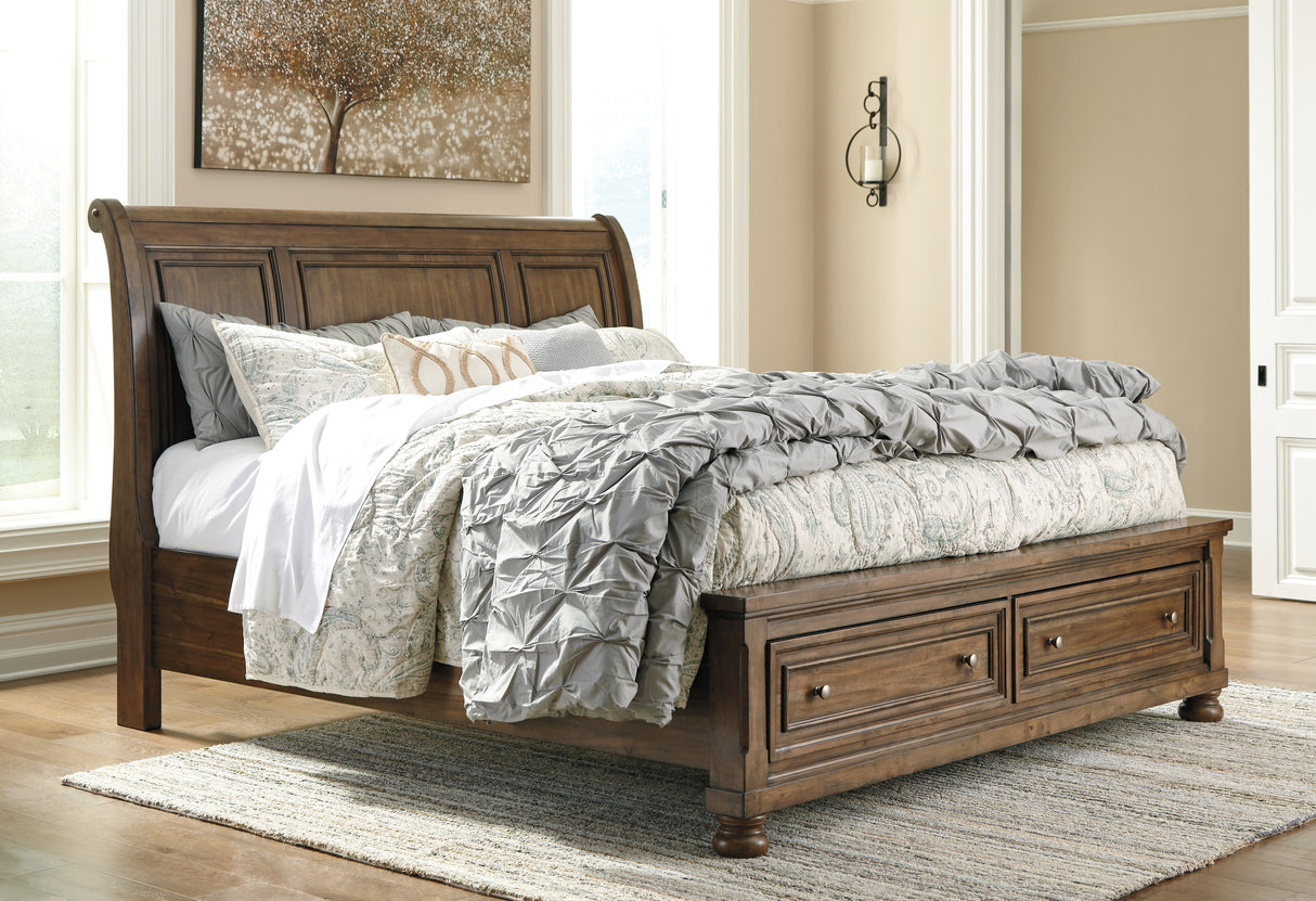 Flynnter California King Sleigh Bed with 2 Storage Drawers with Dresser in Medium Brown from Ashley - Luna Furniture