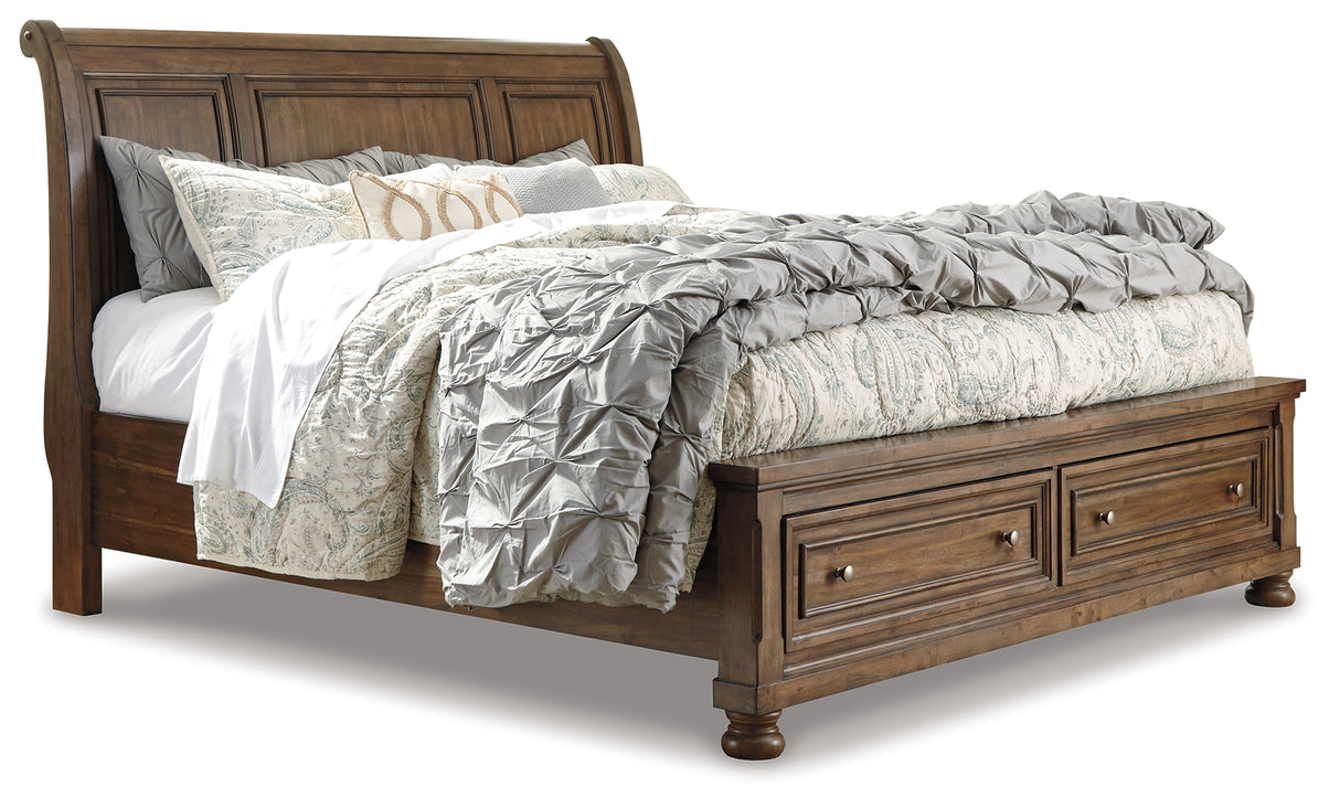 Flynnter California King Sleigh Bed with 2 Storage Drawers with Dresser in Medium Brown from Ashley - Luna Furniture