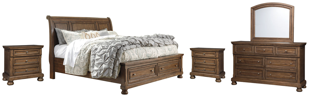 Flynnter California King Sleigh Bed with 2 Storage Drawers with Mirrored Dresser and 2 Nightstands in Medium Brown from Ashley - Luna Furniture