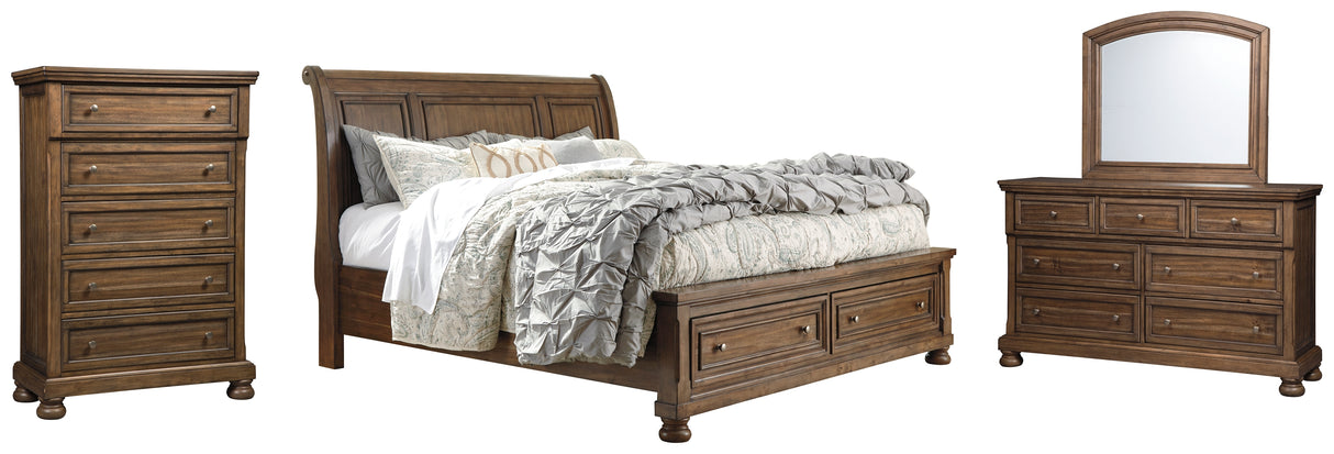 Flynnter California King Sleigh Bed with 2 Storage Drawers with Mirrored Dresser and Chest in Medium Brown from Ashley - Luna Furniture