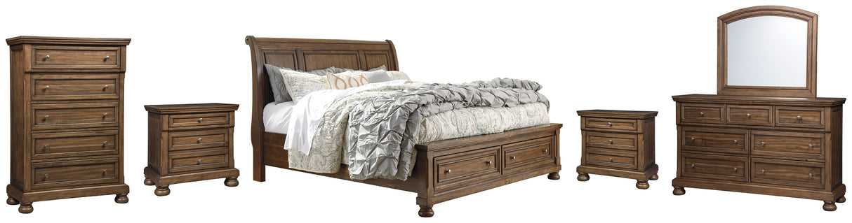 Flynnter California King Sleigh Bed with 2 Storage Drawers with Mirrored Dresser, Chest and 2 Nightstands in Medium Brown from Ashley - Luna Furniture