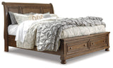 Flynnter California King Sleigh Bed with 2 Storage Drawers with Mirrored Dresser, Chest and 2 Nightstands in Medium Brown from Ashley - Luna Furniture