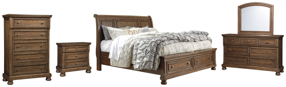 Flynnter California King Sleigh Bed with 2 Storage Drawers with Mirrored Dresser, Chest and Nightstand in Medium Brown from Ashley - Luna Furniture