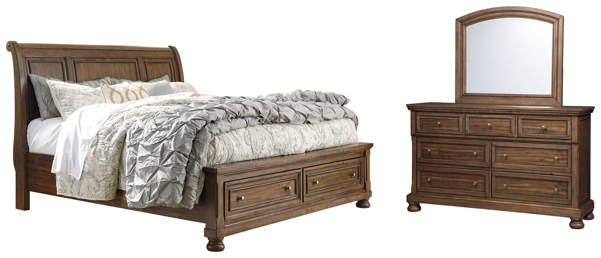 Flynnter California King Sleigh Bed with 2 Storage Drawers with Mirrored Dresser in Medium Brown from Ashley - Luna Furniture