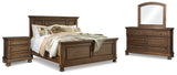 Flynnter King Panel Bed with Mirrored Dresser and 2 Nightstands in Medium Brown from Ashley - Luna Furniture