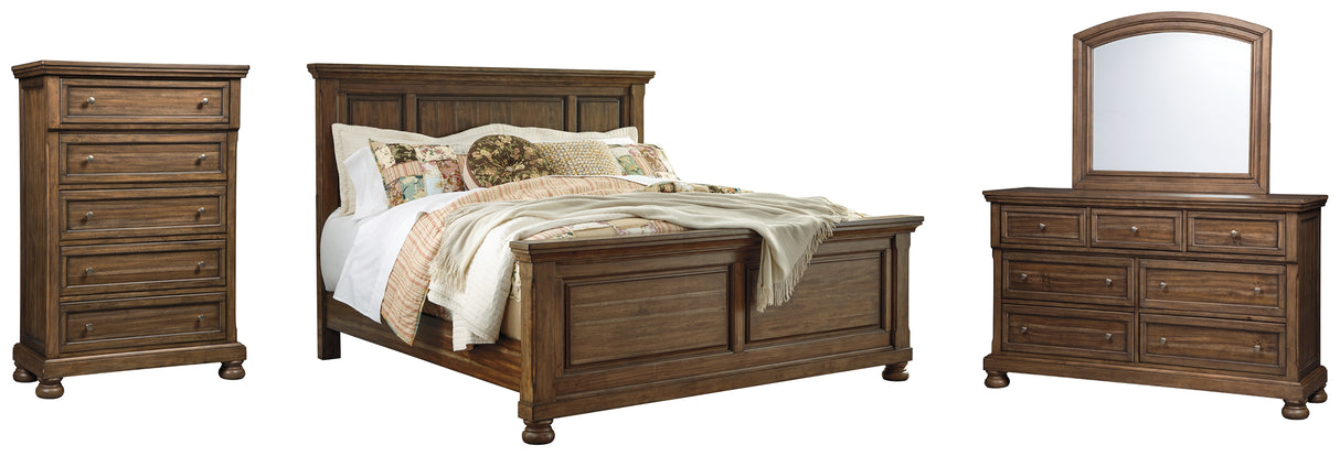 Flynnter King Panel Bed with Mirrored Dresser and Chest in Medium Brown from Ashley - Luna Furniture