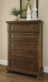 Flynnter King Panel Bed with Mirrored Dresser and Chest in Medium Brown from Ashley - Luna Furniture