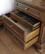 Flynnter King Panel Bed with Mirrored Dresser, Chest and 2 Nightstands in Medium Brown from Ashley - Luna Furniture