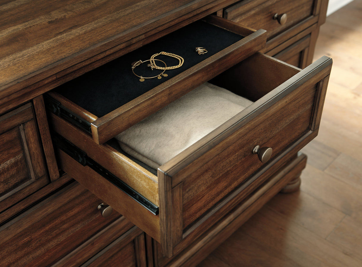 Flynnter King Panel Bed with Mirrored Dresser, Chest and Nightstand in Medium Brown from Ashley - Luna Furniture