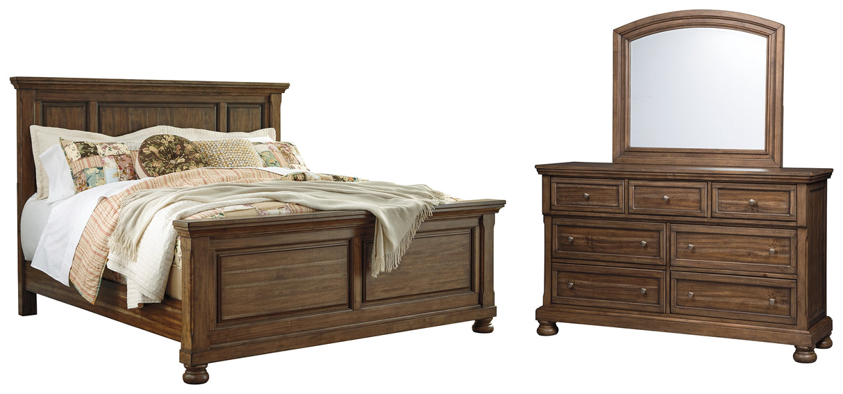 Flynnter King Panel Bed with Mirrored Dresser in Medium Brown from Ashley - Luna Furniture