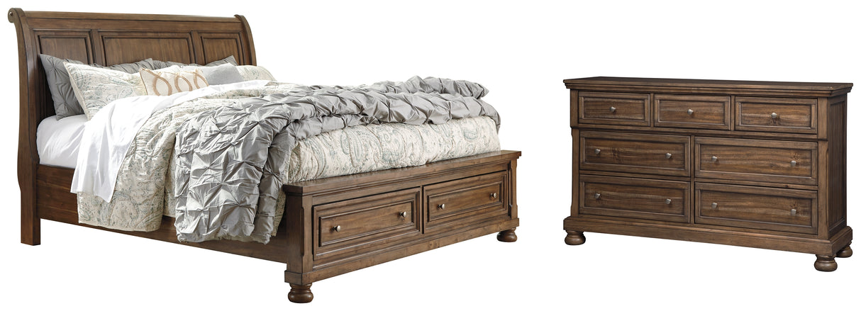 Flynnter King Sleigh Bed with 2 Storage Drawers with Dresser in Medium Brown from Ashley - Luna Furniture