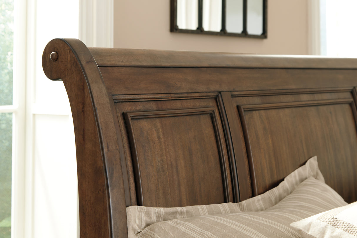 Flynnter King Sleigh Bed with 2 Storage Drawers with Dresser in Medium Brown from Ashley - Luna Furniture