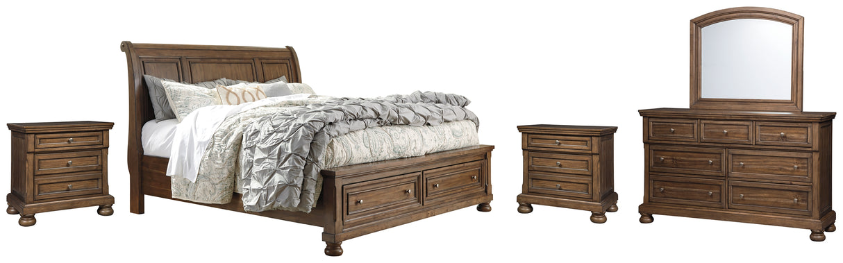 Flynnter King Sleigh Bed with 2 Storage Drawers with Mirrored Dresser and 2 Nightstands in Medium Brown from Ashley - Luna Furniture