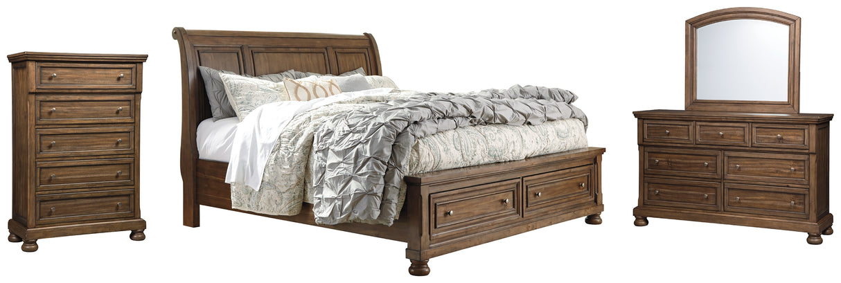 Flynnter King Sleigh Bed with 2 Storage Drawers with Mirrored Dresser and Chest in Medium Brown from Ashley - Luna Furniture