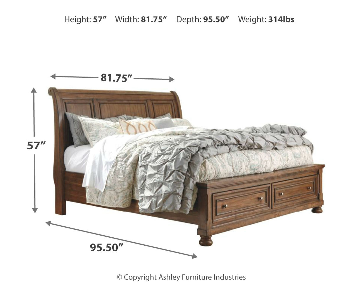 Flynnter King Sleigh Bed with 2 Storage Drawers with Mirrored Dresser, Chest and Nightstand in Medium Brown from Ashley - Luna Furniture