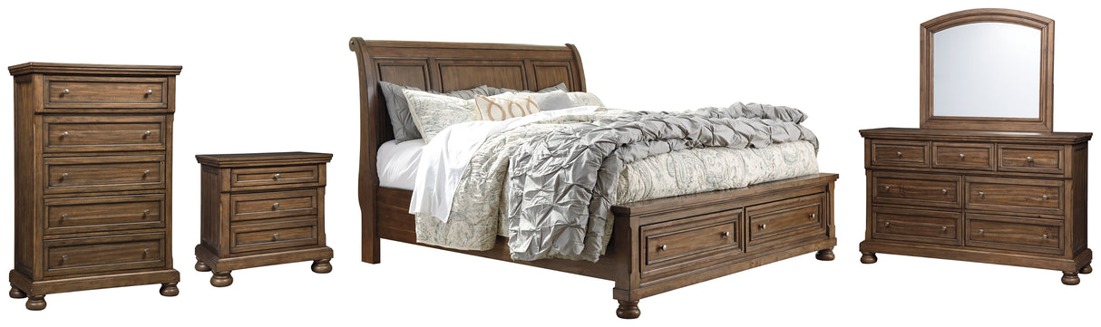 Flynnter King Sleigh Bed with 2 Storage Drawers with Mirrored Dresser, Chest and Nightstand in Medium Brown from Ashley - Luna Furniture