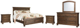 Flynnter Queen Panel Bed with 2 Storage Drawers with Mirrored Dresser and 2 Nightstands in Medium Brown from Ashley - Luna Furniture