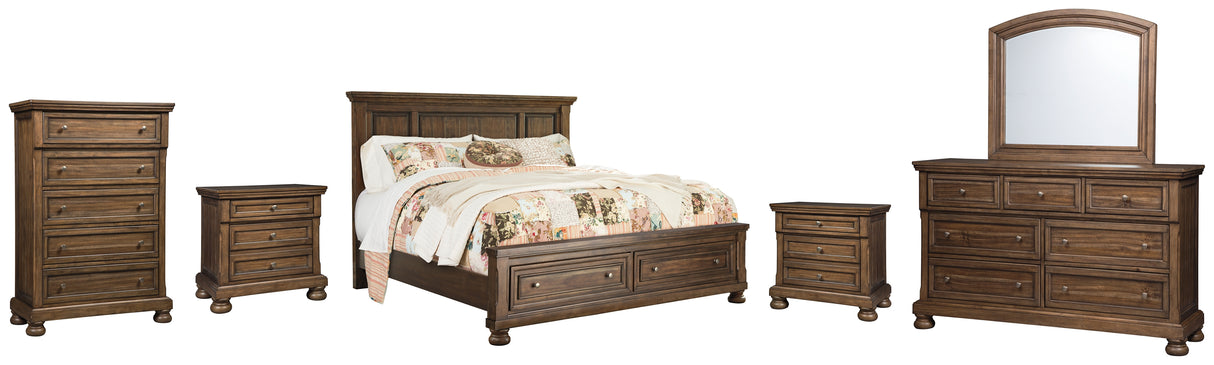 Flynnter Queen Panel Bed with 2 Storage Drawers with Mirrored Dresser, Chest and 2 Nightstands in Medium Brown from Ashley - Luna Furniture