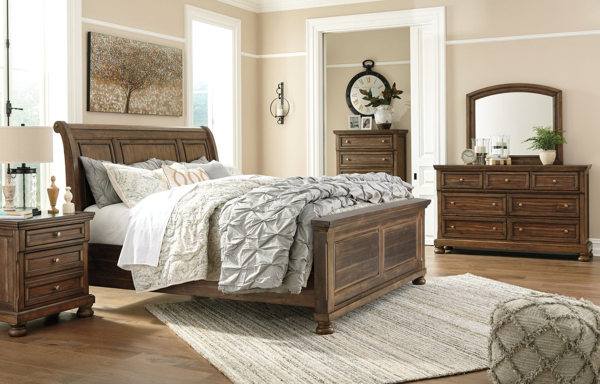 Flynnter Queen Panel Bed with 2 Storage Drawers with Mirrored Dresser, Chest and Nightstand in Medium Brown from Ashley - Luna Furniture