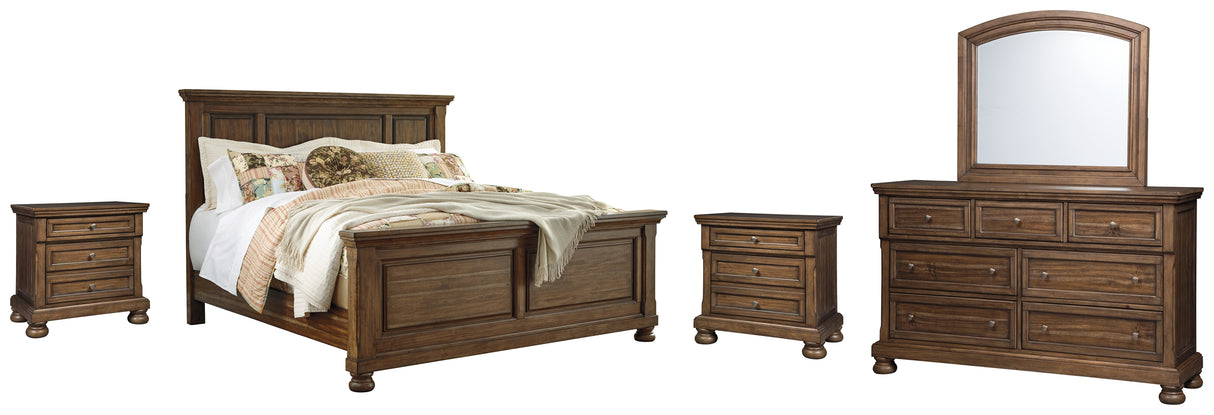 Flynnter Queen Panel Bed with Mirrored Dresser and 2 Nightstands in Medium Brown from Ashley - Luna Furniture