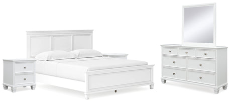 Fortman California King Panel Bed with Mirrored Dresser and 2 Nightstands in White - PKG015158