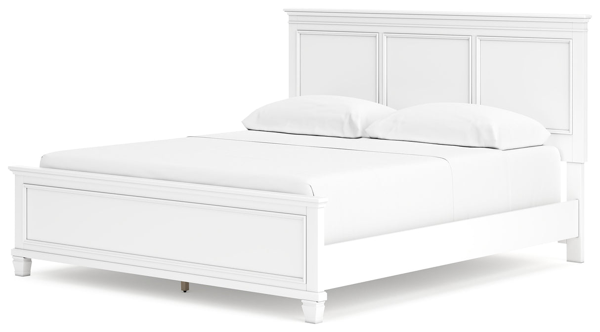 Fortman California King Panel Bed with Mirrored Dresser and Chest in White - PKG015161