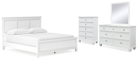 Fortman California King Panel Bed with Mirrored Dresser and Chest in White from Ashley - Luna Furniture