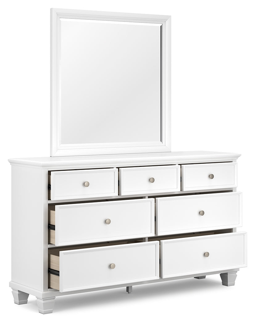 Fortman California King Panel Bed with Mirrored Dresser and Chest in White - PKG015161