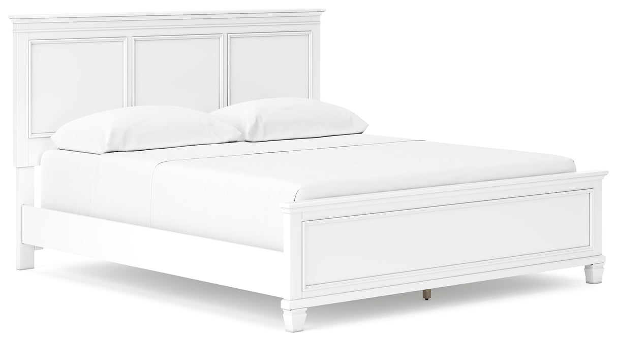 Fortman California King Panel Bed with Mirrored Dresser and Nightstand in White - PKG015160