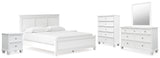 Fortman California King Panel Bed with Mirrored Dresser, Chest and 2 Nightstands in White - PKG015159