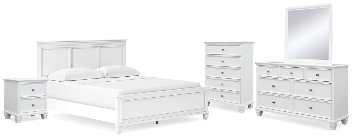 Fortman California King Panel Bed with Mirrored Dresser, Chest and Nightstand in White - PKG015162