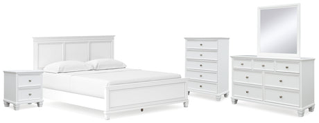 Fortman California King Panel Bed with Mirrored Dresser, Chest and Nightstand in White - PKG015162