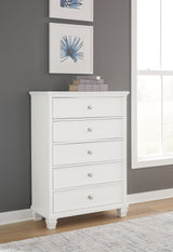 Fortman California King Panel Bed with Mirrored Dresser, Chest and Nightstand in White - PKG015162