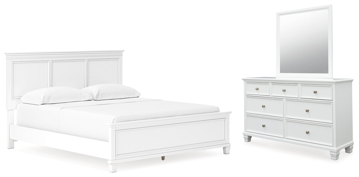 Fortman California King Panel Bed with Mirrored Dresser in White - PKG015157