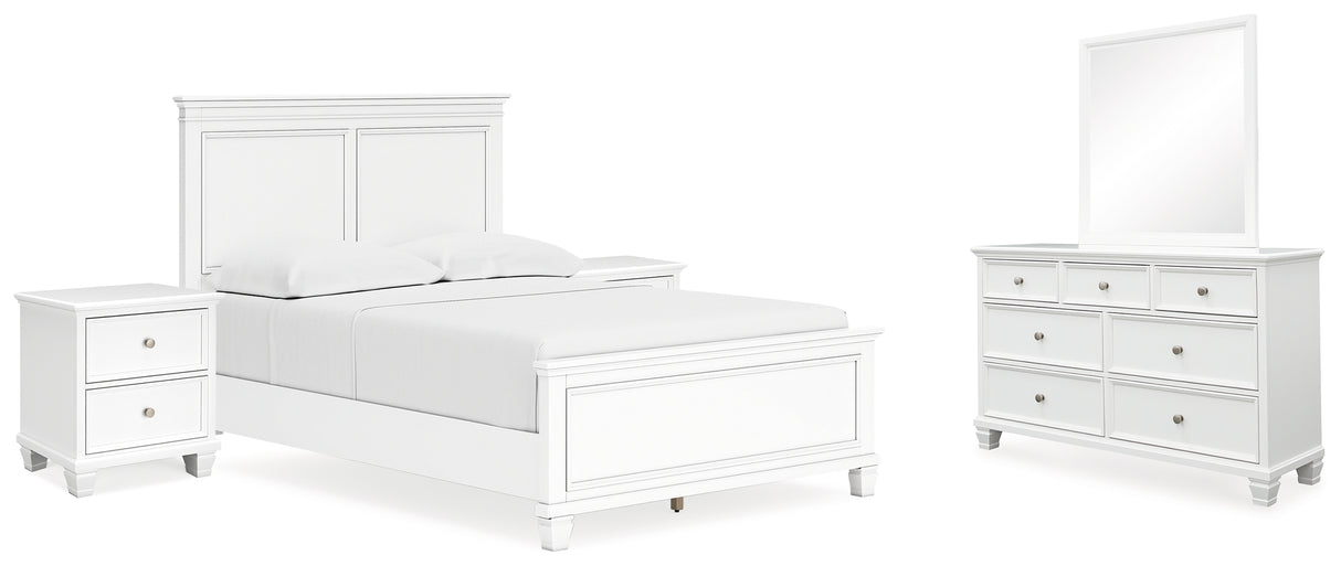 Fortman Full Panel Bed with Mirrored Dresser and 2 Nightstands in White - PKG015170