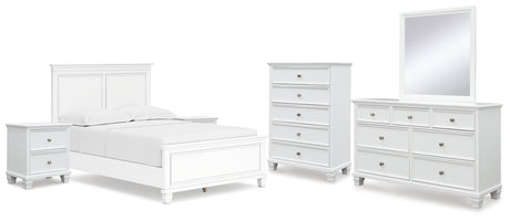 Fortman Full Panel Bed with Mirrored Dresser, Chest and 2 Nightstands in White - PKG015171