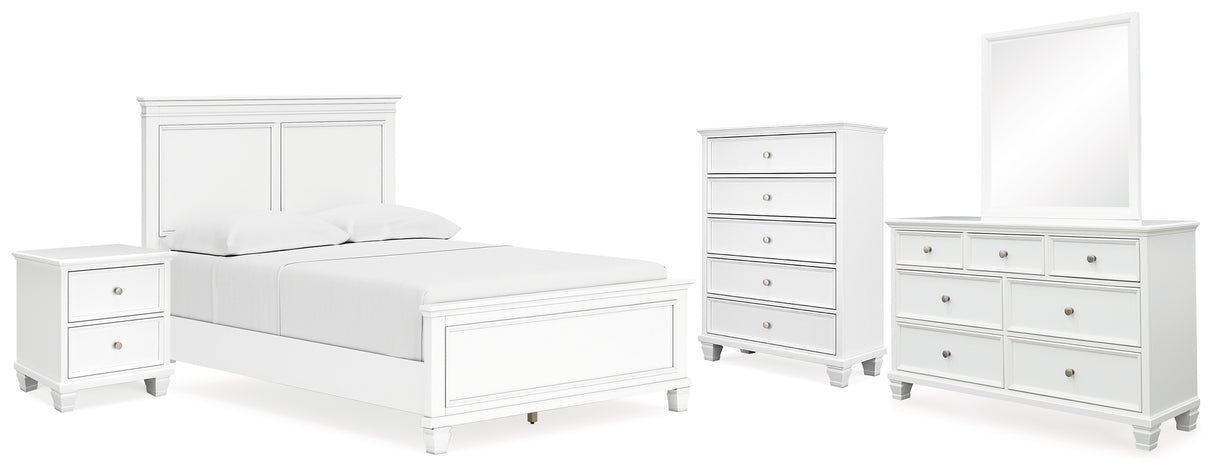 Fortman Full Panel Bed with Mirrored Dresser, Chest and Nightstand in White - PKG015174