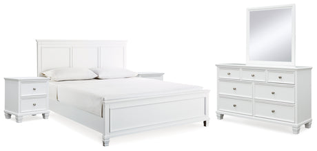 Fortman King Panel Bed with Mirrored Dresser and 2 Nightstands in White - PKG015152