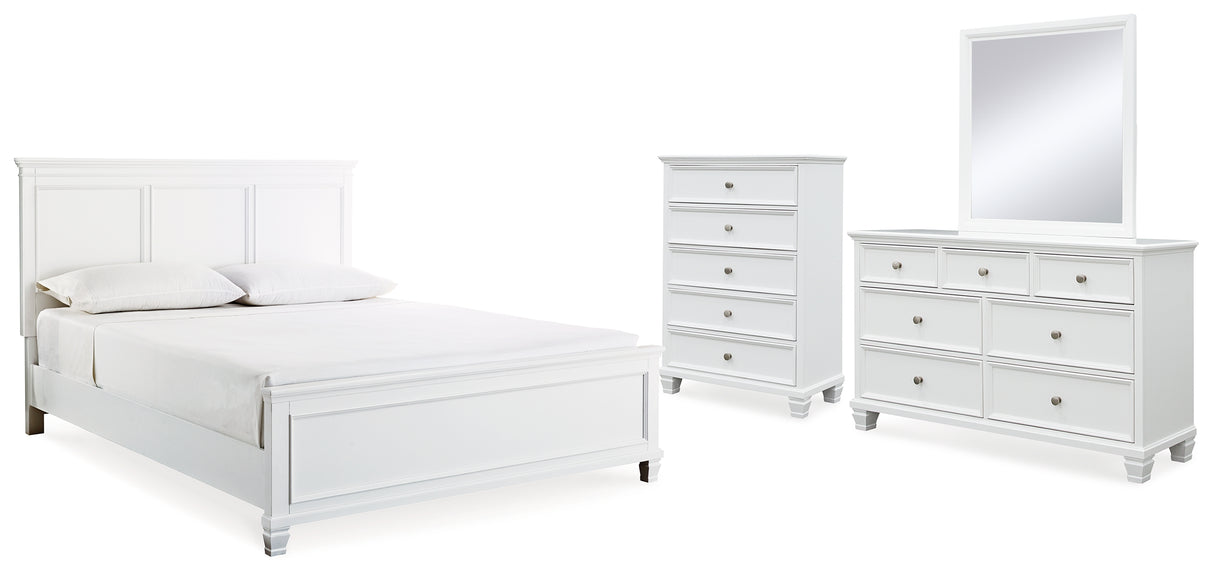 Fortman King Panel Bed with Mirrored Dresser and Chest in White - PKG015155