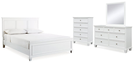 Fortman King Panel Bed with Mirrored Dresser and Chest in White from Ashley - Luna Furniture