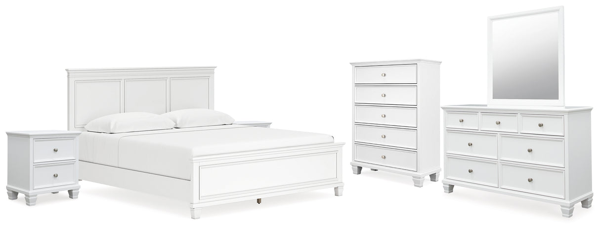 Fortman King Panel Bed with Mirrored Dresser, Chest and 2 Nightstands in White - PKG015153