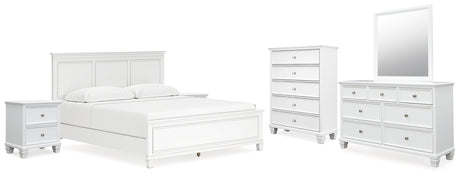 Fortman King Panel Bed with Mirrored Dresser, Chest and 2 Nightstands in White from Ashley - Luna Furniture