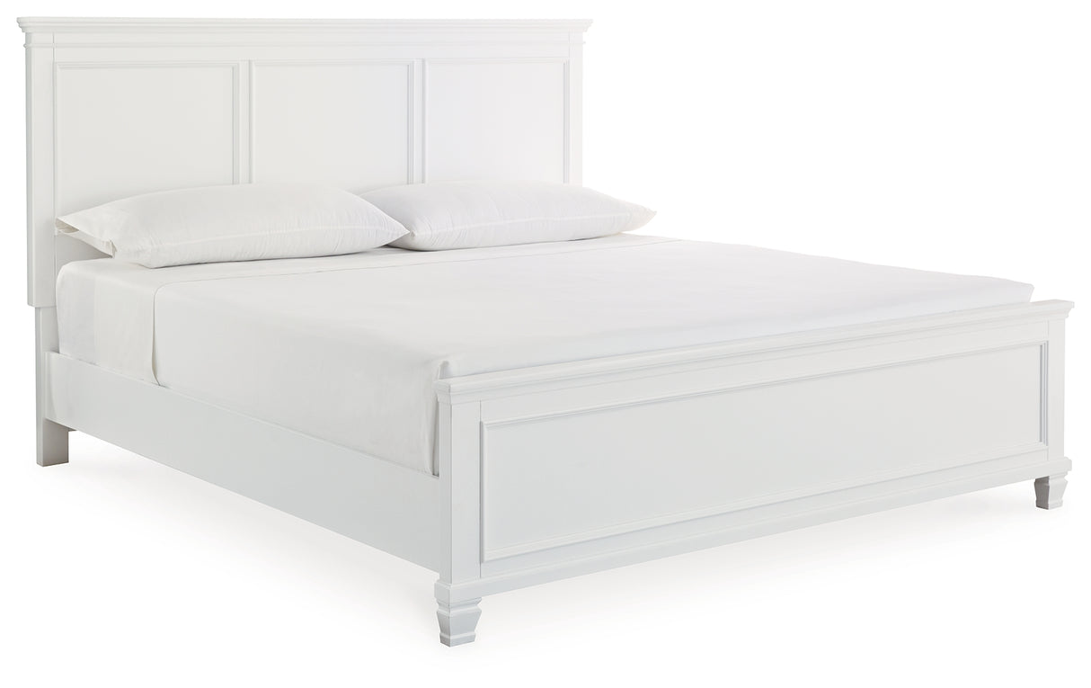 Fortman King Panel Bed with Mirrored Dresser, Chest and Nightstand in White - PKG015156