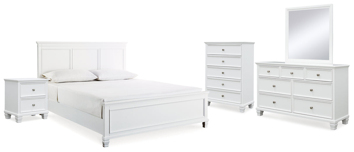 Fortman King Panel Bed with Mirrored Dresser, Chest and Nightstand in White - PKG015156