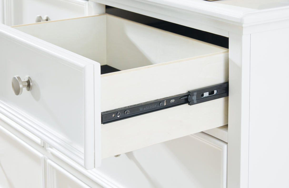 Fortman King Panel Bed with Mirrored Dresser, Chest and Nightstand in White from Ashley - Luna Furniture