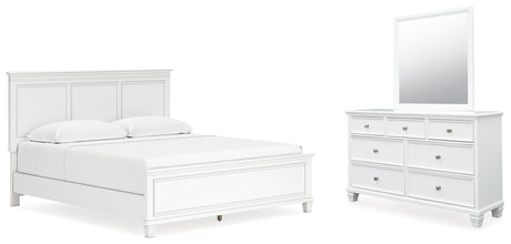 Fortman King Panel Bed with Mirrored Dresser in White from Ashley - Luna Furniture