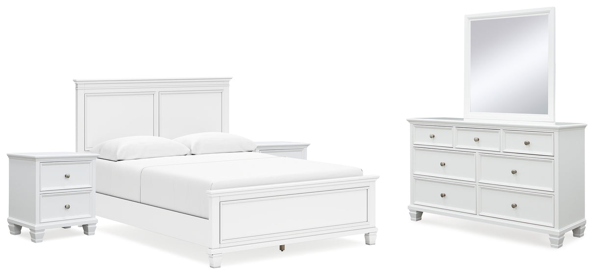 Fortman Queen Panel Bed with Mirrored Dresser and 2 Nightstands in White - PKG015146