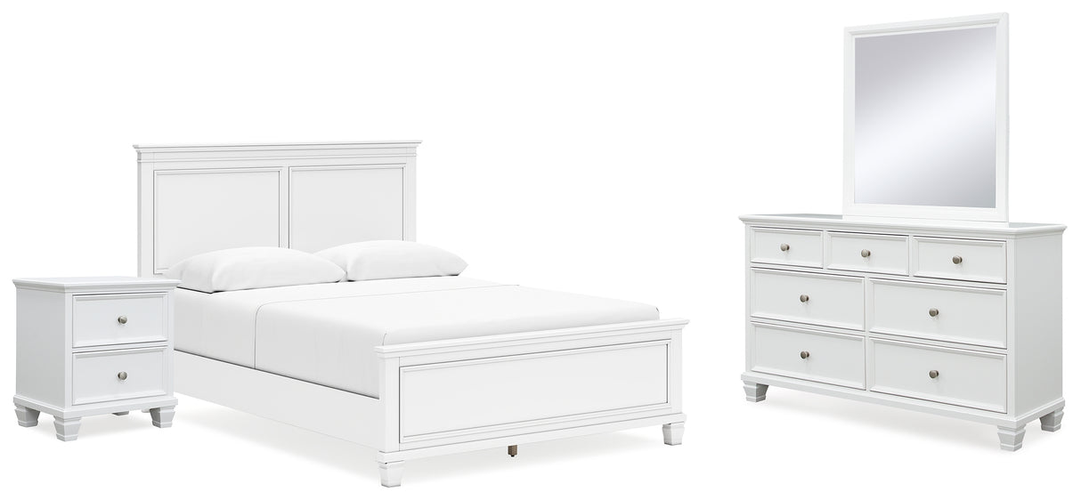 Fortman Queen Panel Bed with Mirrored Dresser and Nightstand in White - PKG015148