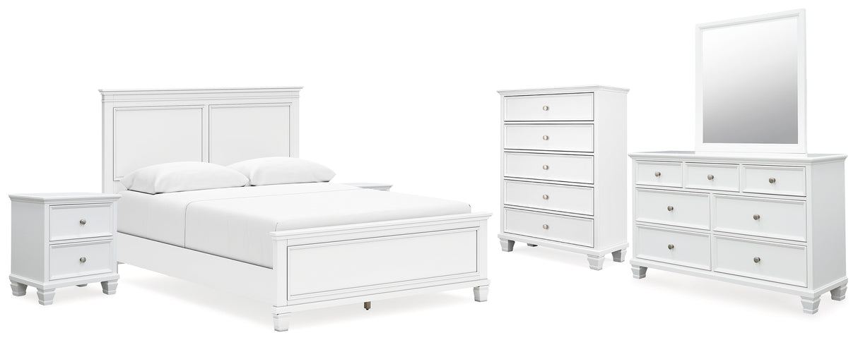 Fortman Queen Panel Bed with Mirrored Dresser, Chest and 2 Nightstands in White - PKG015147